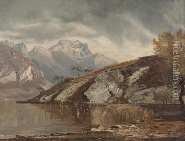 Uferpartie Am Genfersee Mit Stimmungsvollem Himmel. Oil Painting - Auguste Bouthillier De Beaumont