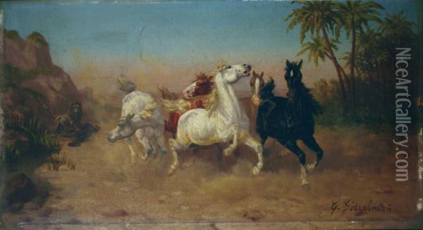 Fliehende Wildpferde. Oil Painting - Eduard Gotzelmann