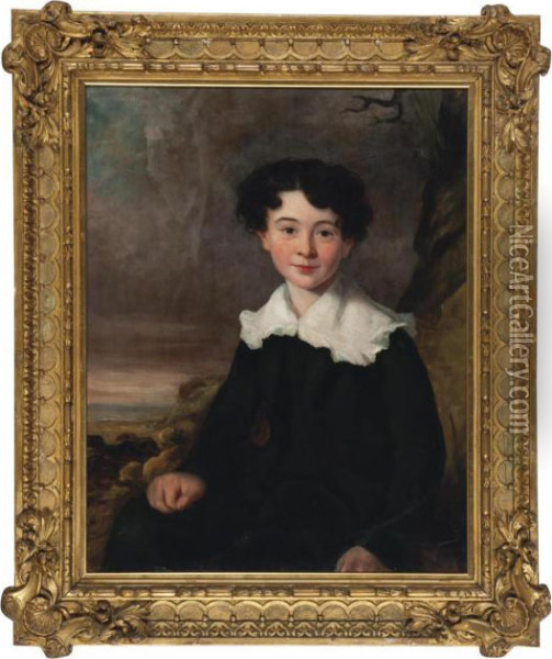 Portrait Of A Boy Wearing A Black Costume And Lace Collar Oil Painting - Arthur William Devis