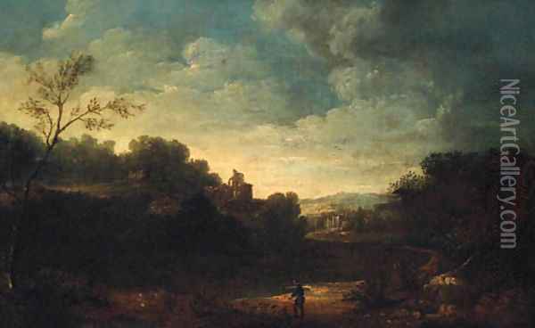 An extensive landscape with a peasant on a track, a ruin beyond Oil Painting - Flemish School