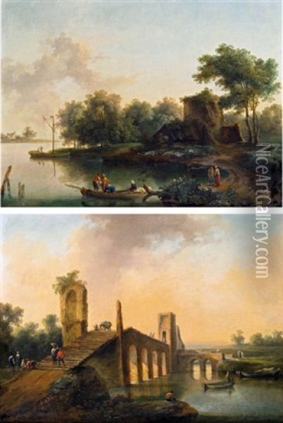 Flusslandschaft Mit Ruine (+ Flusslandschaft Mit Antiker Brucke; Pair) Oil Painting - Christian Hilfgott Brand