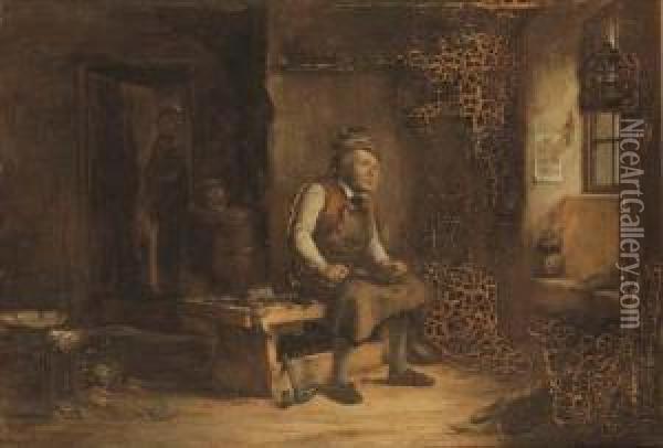 A Cobbler In An Interior, Looking At A Bird In A Cage Oil Painting - Alexander Snr Fraser