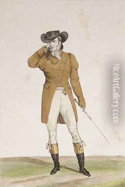 A Dandy dressed in a boat-shaped hat, a dun-coloured jacket and buckskin breeches, plate 1 from the Incroyable et merveilleuses series of fashion plates, engraved by Georges Jacques Gatine 1773-1831 published 1797 in Paris Oil Painting - Carle Vernet