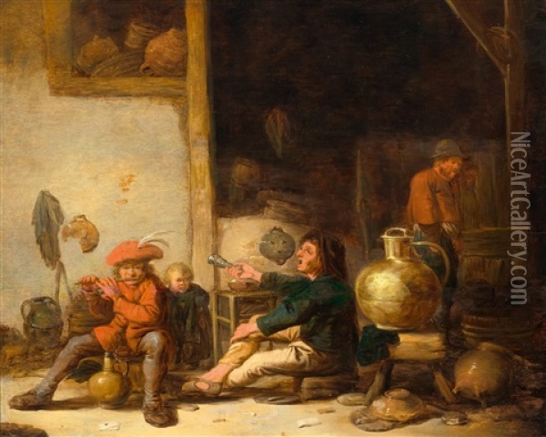 Interior Of A Stable With A Peasant Playing The Flute And One Drinking, With A Large Jug To The Right Oil Painting - Cornelis Saftleven