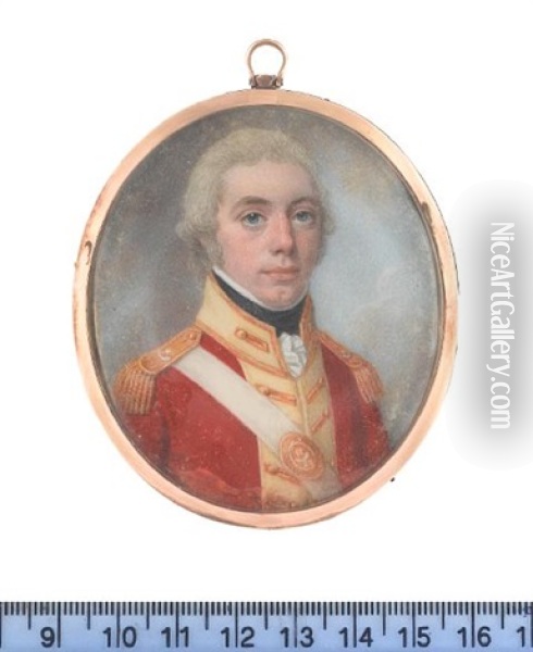 An Officer, Wearing Red Coatee With Cream Facings And Gold Epaulettes Over Frilled White Chemise And Black Stock, White Cross Belt With Gold Oil Painting - Lewis (of Bath) Vaslet