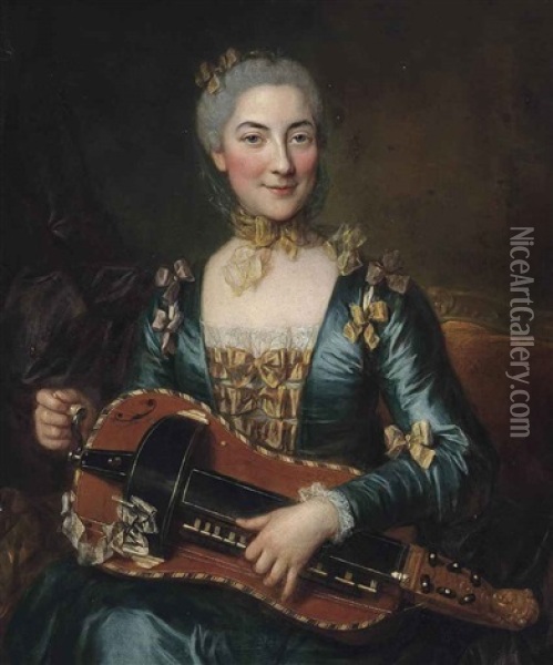 Portrait Of A Lady, Three-quarter-length, Seated In An Interior, In A Blue Dress With Gold Ribbons, Playing A Hurdy-gurdy Oil Painting - Donat Nonotte