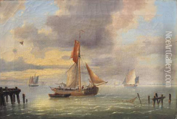 Marine Met Zeilboten Oil Painting - Louis Verboeckhoven