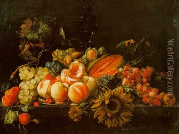 A Still Life Of Peaches And Cherries On A Salver With Other Fruits, Nuts And Sunflowers Oil Painting - Cornelis De Heem