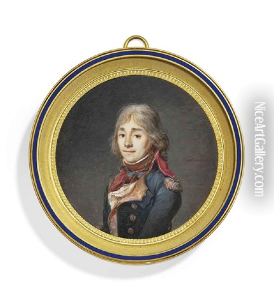A Young Officer, In Blue Coat With Silver Epaulette, Large Red Buttons And Red Collar With White Edge, Red Waistcoat, Frilled White Cravat Oil Painting - Etienne-Louis Advinent