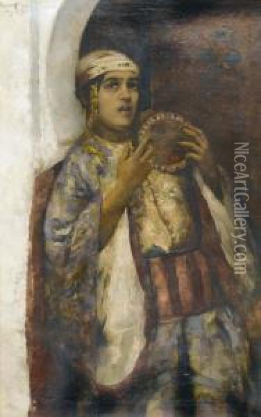 Junge Marokkanerin Mit Tamburin. Oil Painting - Frantz Charlet