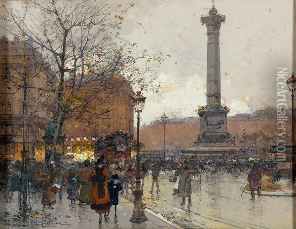 Paris Le Soir, Place De La Bastille Oil Painting - Eugene Galien-Laloue
