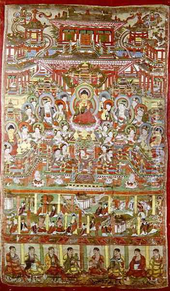 Paradise of Amitabha, from Dunhuang, Gansu Province Oil Painting - Anonymous Artist