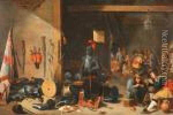 Guardroom With Smoking Soldiers Playing Cards Oil Painting - David The Younger Teniers