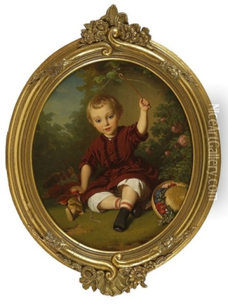A Young Boy Playing With Punch Doll And Whip In A Garden Oil Painting - Konstantin Johannes Franz Cretius
