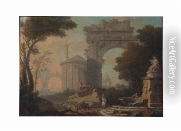 Figures Among Architectural Ruins Oil Painting - Leonardo Coccorante