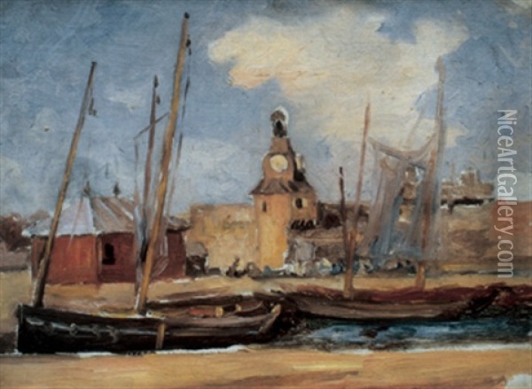 Boats Beneath A Clock Tower Oil Painting - William Edwin Atkinson
