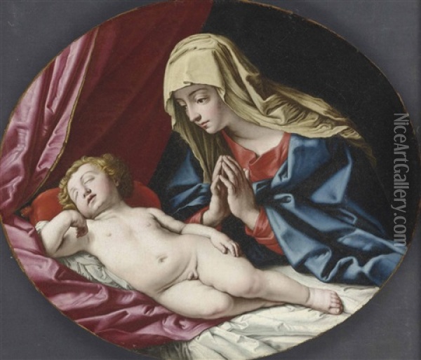 The Madonna Adoring The Sleeping Christ Child Oil Painting - Giovanni Battista Salvi (Il Sassoferrato)