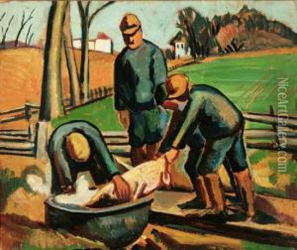Farmer Cleaning A Pig Oil Painting - Edgar Hewitt Nye