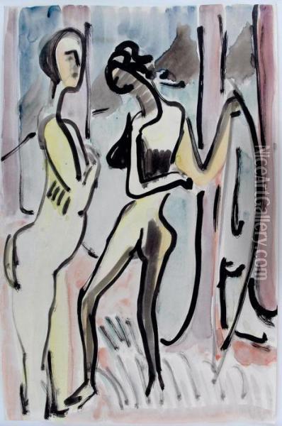 'zwei Akte Unter Baumen' Oil Painting - Ernst Ludwig Kirchner