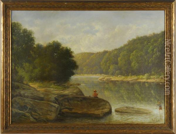 Two Young Fishermen By A Rocky River Oil Painting - Albert F. King