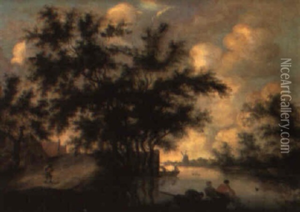 A River Landscape With A Traveller On A Path, Fishermen In The Foreground Oil Painting - Salomon van Ruysdael