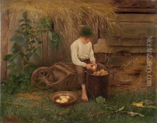 Beim Kartoffelschalen Oil Painting - Raimund (Ritter von Brennerstein) Wichera