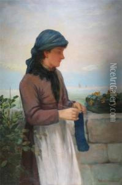 A Woman Knitting, A Seascape Beyond Oil Painting - David W. Haddon
