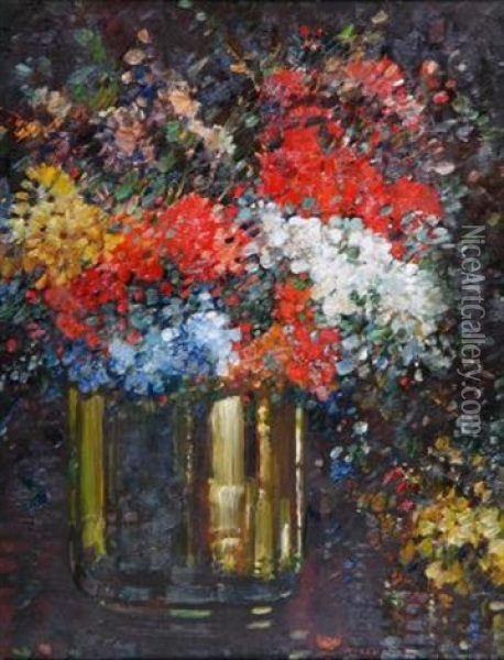 Still Life With Flowers In A Glass Vase Oil Painting - Kershaw Schofield