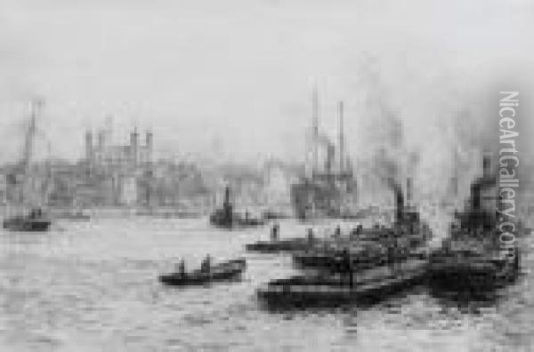 Barges And Other Shipping In The Pool Of London Before Thetower Oil Painting - William Lionel Wyllie