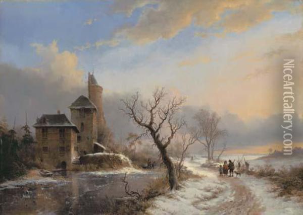 Winter Landscape With Figures Near A City Gate Oil Painting - Frederik Marianus Kruseman