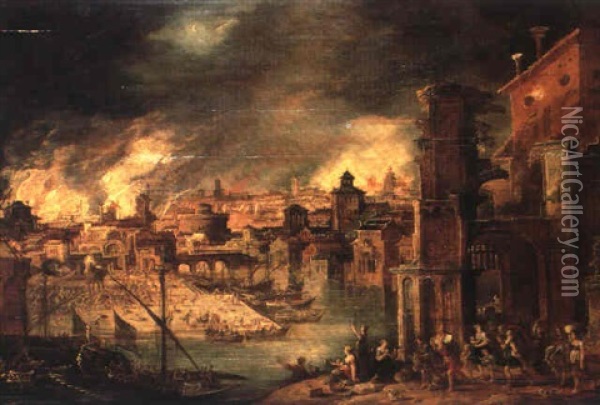 Aeneas And His Family Leaving Burning Troy Oil Painting - Daniel van Heil