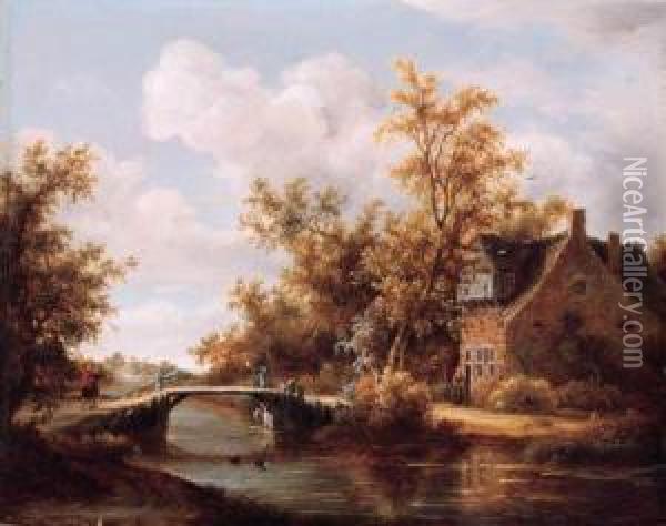 A View On A Farm By A Canal With Travellers On A Road By Abridge Oil Painting - Meindert Hobbema