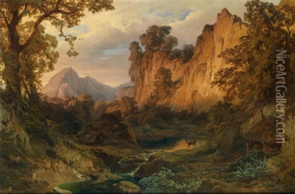 Romantische Landschaft Im Abendlicht Oil Painting - August Woerndle von Adelsfried