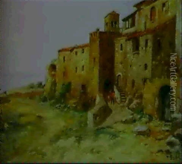 Italienskt Kustmotiv Med Figurer Vid Hus Oil Painting - Wilhelm von Gegerfelt