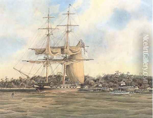 An English frigate lying at anchor off a tropical beach Oil Painting - John the Younger Cleveley
