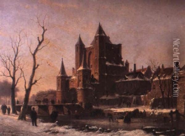 A Dutch Winter Town Scene Oil Painting - Bartholomeus Johannes Van Hove