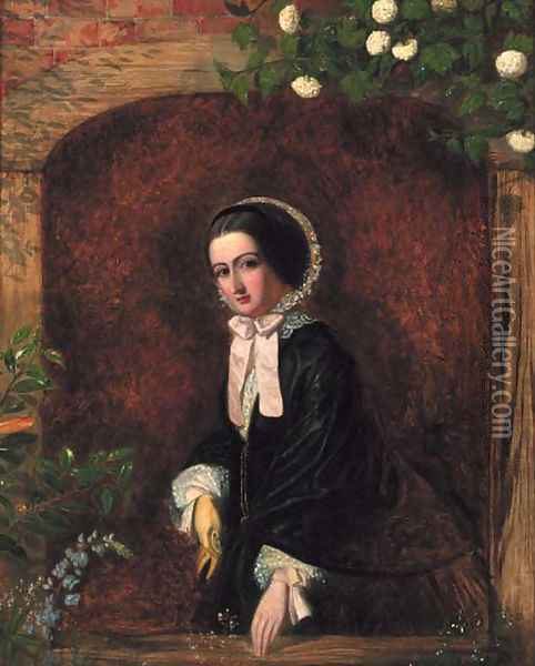 A portrait of a young woman, small three-quarter-length, in a black dress and bonnet, at a casement Oil Painting - Charles Baxter