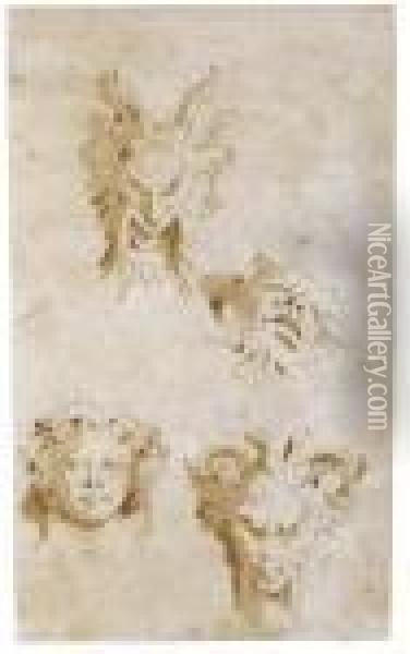 A Sheet Of Four Head Studies: Three Satyrs And Bacchus Oil Painting - Giovanni Battista Tiepolo