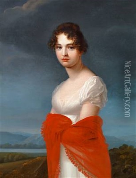 Portrait Of Princess Ekaterina Vasilyevna Saltykova In A White Dress And Red Shawl Oil Painting - Jean-Francois Asselin
