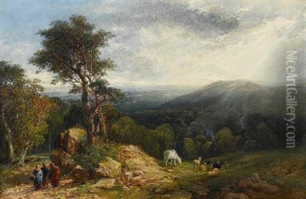 An Extensive Landscape With Figures And Cattle Oil Painting - Frederick Henry Henshaw