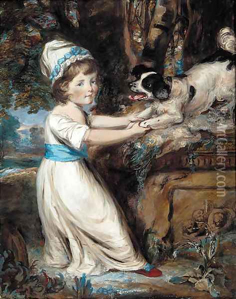 Portrait of Miss Hall, full-length in a white dress with blue trim, playing with a black and white spaniel Oil Painting - Daniel Gardner