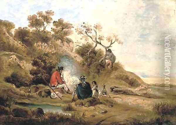 A wooded river landscape with figures by a camp fire Oil Painting - George Morland