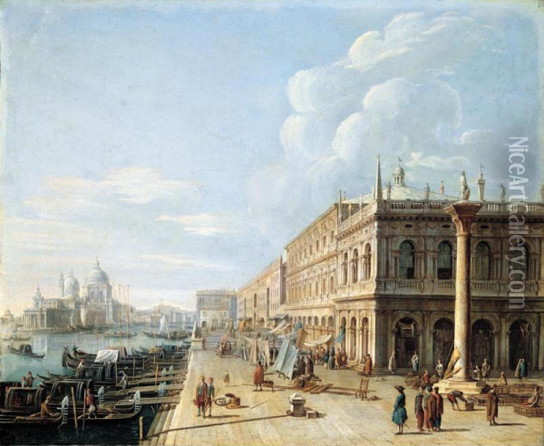 Venice, A View Of The Molo From The Piazzetta With St. Theodore's Column, Looking West Towards The Library And The Church Of Santa Maria Della Salute Oil Painting - Pietro Bellotti