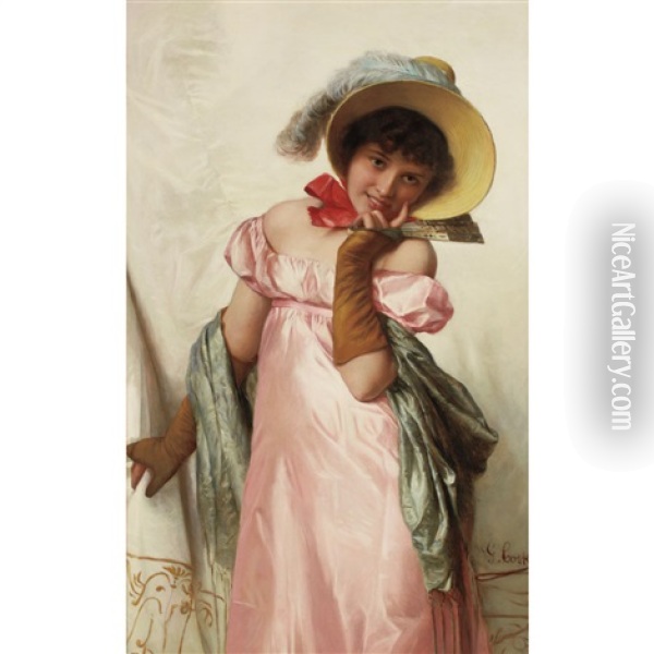 Lady In A Pink Dress And Fan Oil Painting - Giovanni Costa