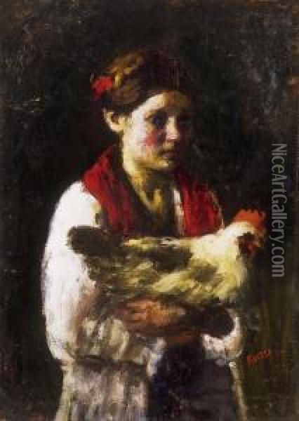 Little Girl With Cock Oil Painting - Jozsef Koszta