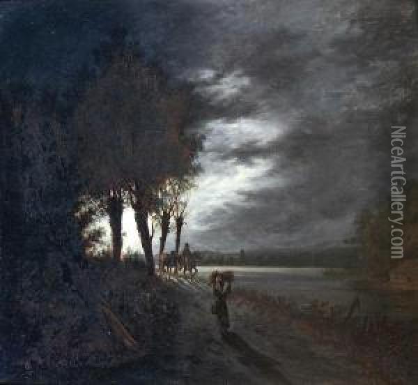 Figures And Horses On A Riverside Pathway Bymoonlight Oil Painting - Henry Pether