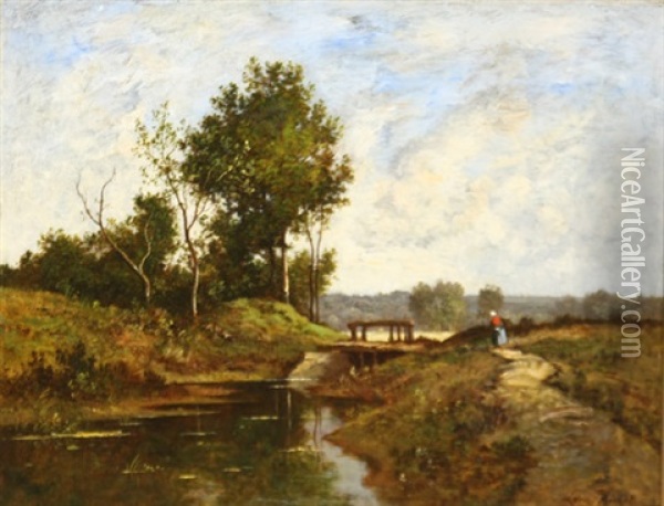 Young Girl Walking Along A Stream Path Oil Painting - Leon Richet