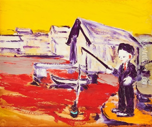 Metande Pojke Vid Fiskebodar Oil Painting - Gunnar Loeberg