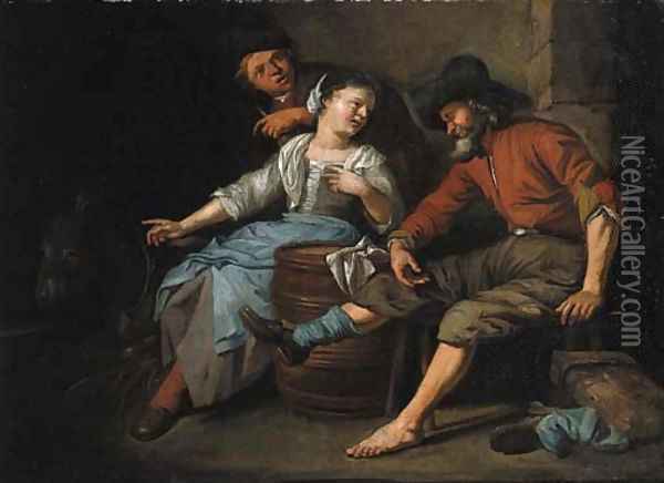 A maid entertaining travellers in a barn Oil Painting - Jacob Toorenvliet