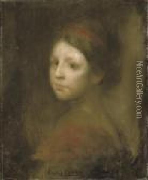 A Young Girl In Red Oil Painting - Eugene Carriere